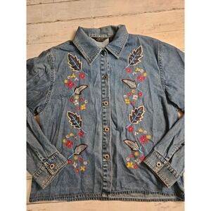 Vintage 90s Agapo Denim Skirt Jacket Set Embroidered Floral Folk Western XL